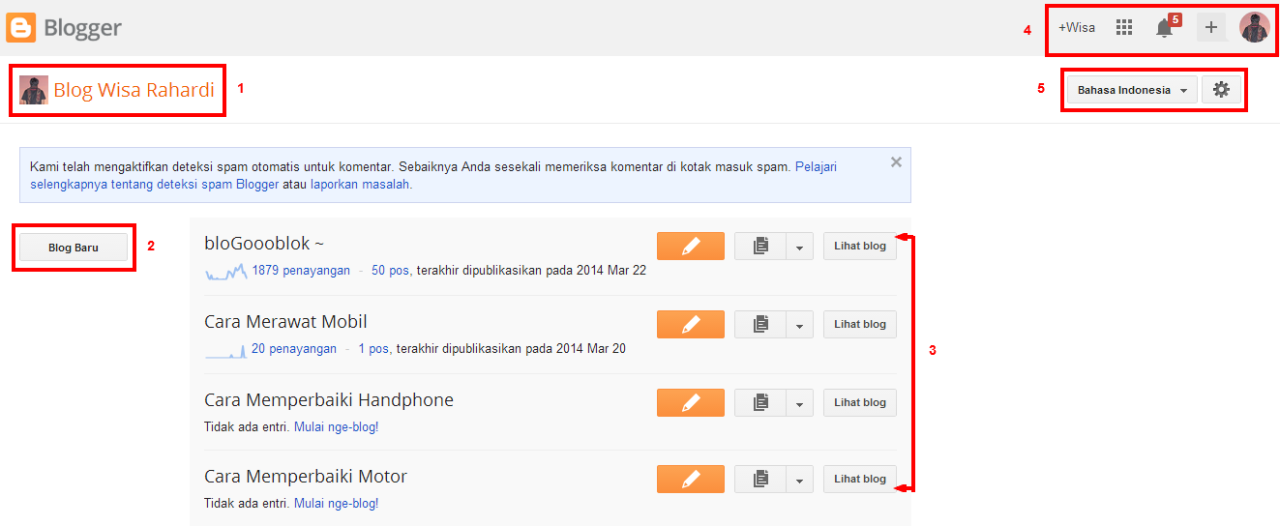 Mengenal Bagian dan Fungsi Dasbor Blogspot 5 Dasbor Blogger