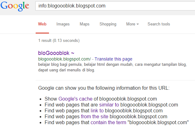 Cara Cek Blog atau Website di Google Search 3 info blogoooblok.blogspot.com Google Search